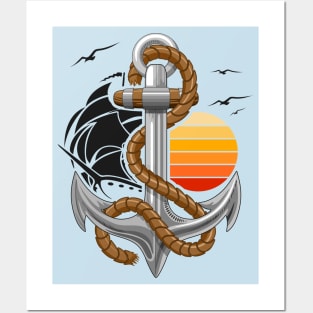 Anchor Marine retro Element with Sun, Sailing Boat and Seagulls Flight Posters and Art